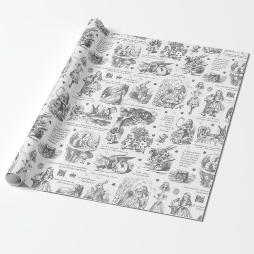 Alice in Wonderland Gray Toile Quotes Wrapping Paper