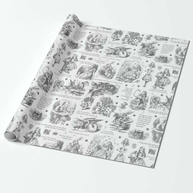 Alice in Wonderland Gray Toile Quotes Wrapping Paper (Unrolled)