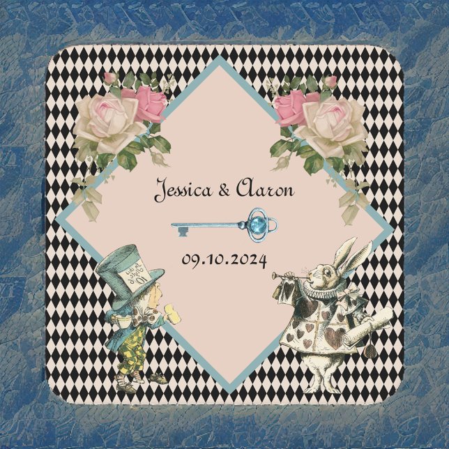 Alice in Wonderland Harlequin Black Blue Wedding Square Paper Coaster (Creator Uploaded)