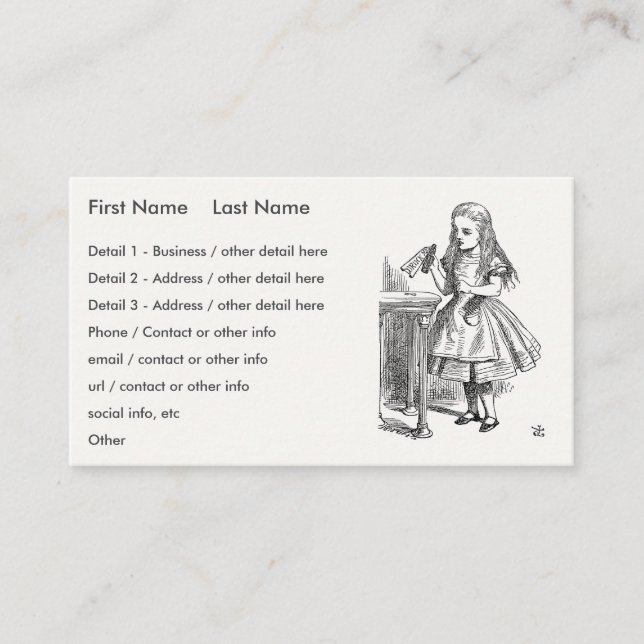 Alice in Wonderland, Holding the "Drink Me" Bottle Business Card (Front)