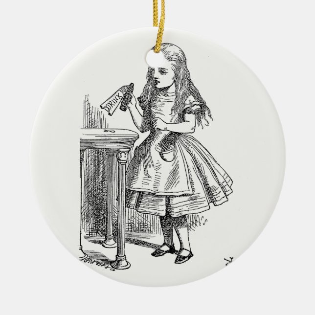 Alice in Wonderland, Holding the "Drink Me" Bottle Ceramic Ornament (Front)