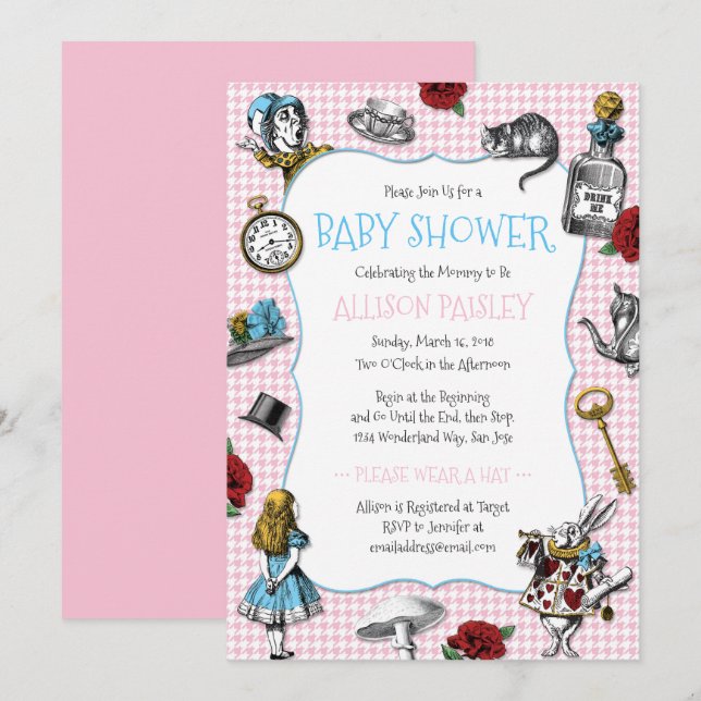 Alice in Wonderland Houndstooth Baby Shower Invitation (Front/Back)
