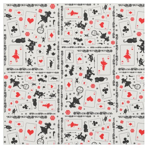 Alice in Wonderland in Black White Red on White Fabric