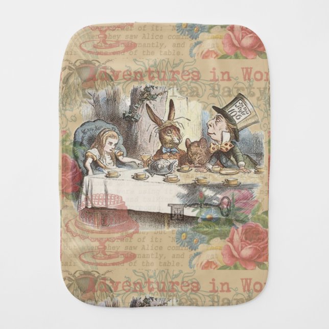 Alice in Wonderland Mad Tea Party Art Baby Burp Cloth (Front)