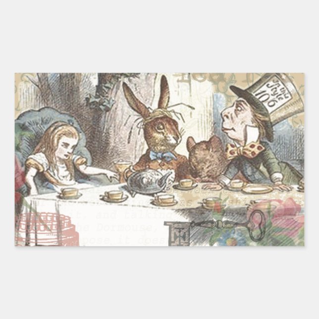 Alice in Wonderland Mad Tea Party Art Rectangular Sticker (Front)