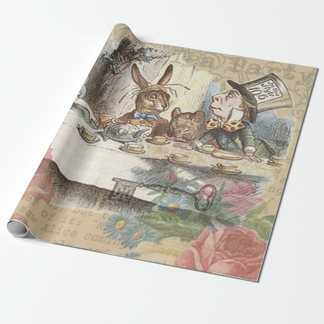 Alice in Wonderland Mad Tea Party Art Wrapping Paper (Unrolled)