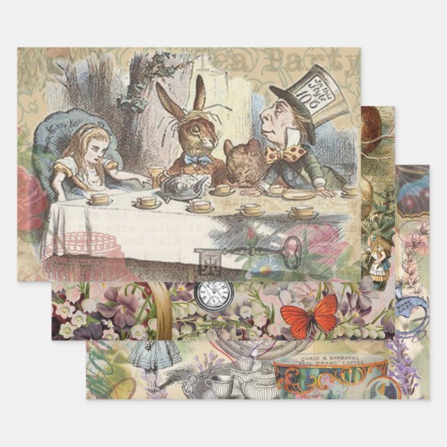 Alice in Wonderland Mad Tea Party Art Wrapping Paper Sheets (Set)