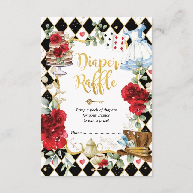 Alice in Wonderland Mad Tea Party Diaper Raffle Enclosure Card (Front)