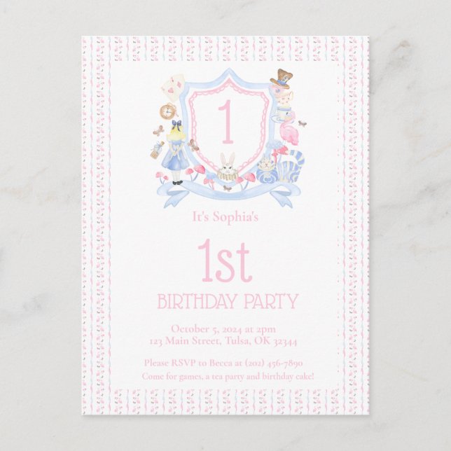 Alice in Wonderland Monogram Crest Party Postcard (Front)