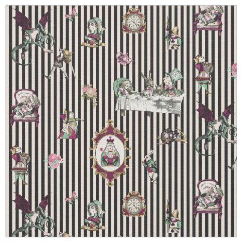 Alice in Wonderland on Black and Cream Striped  Fabric