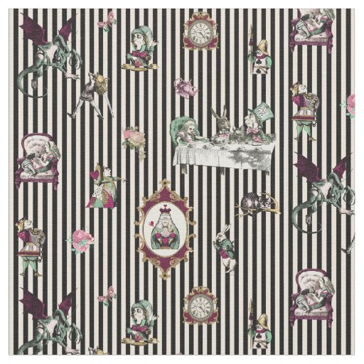 Alice in Wonderland on Black and Cream Striped  Fabric