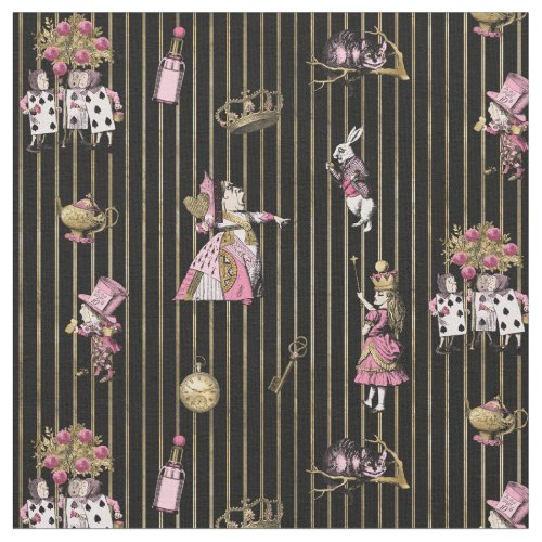 Alice in Wonderland on black and gold striped Fabric