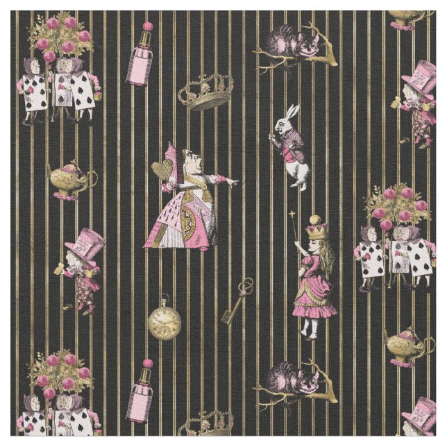 Alice in Wonderland on black and gold striped Fabric (Close Up)