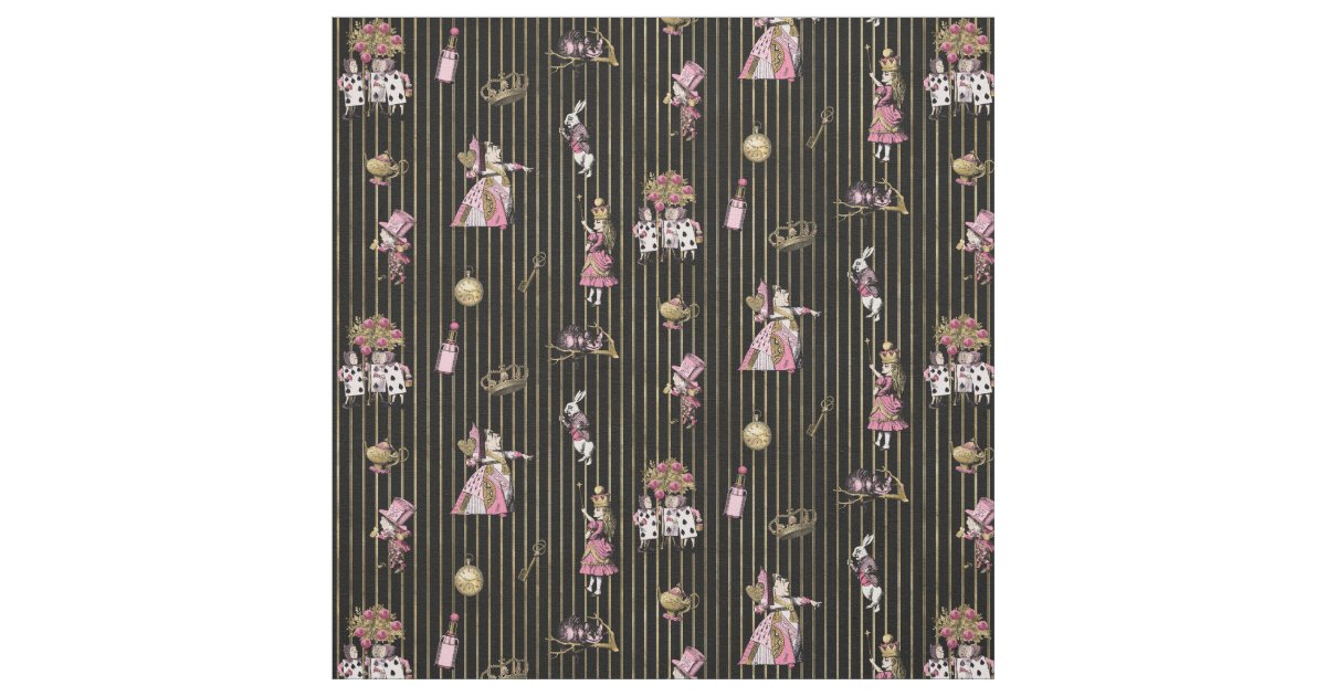 Download Alice in Wonderland on black and gold striped Fabric ...