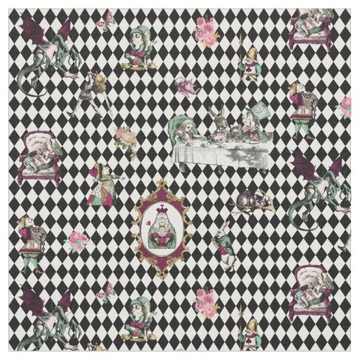 Alice in Wonderland on Black and White Harlequin Fabric