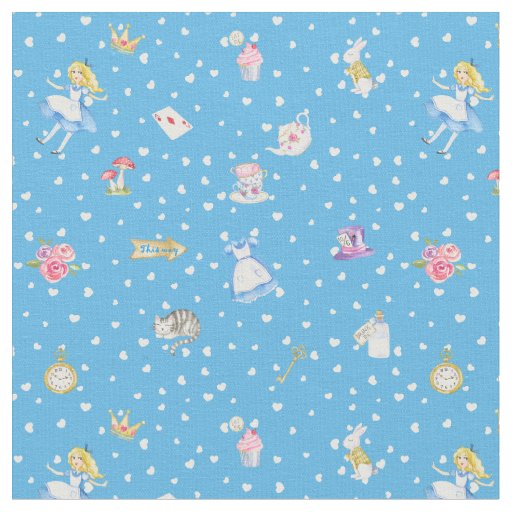 Alice in Wonderland on Blue/White Falling Hearts Fabric