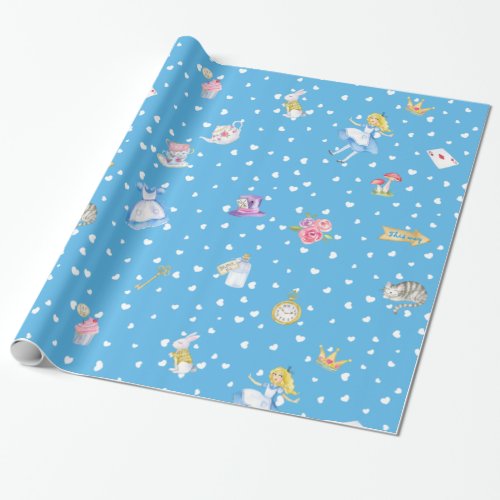 Alice in Wonderland on BlueWhite Falling Hearts Wrapping Paper