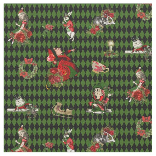 Alice in Wonderland on Christmas on greenblack Fabric