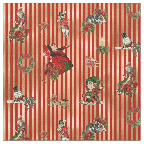 Alice in Wonderland on Christmas redgold striped Fabric