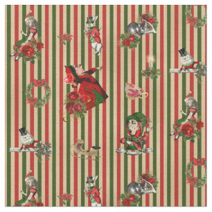 Alice in Wonderland on Christmas red/green striped Fabric