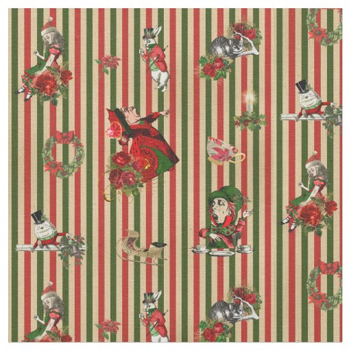 Alice in Wonderland on Christmas red/green striped Fabric