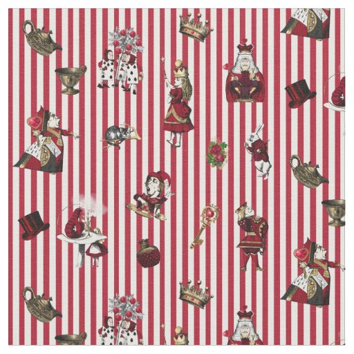 Alice in Wonderland on Crimson/White Striped Fabric