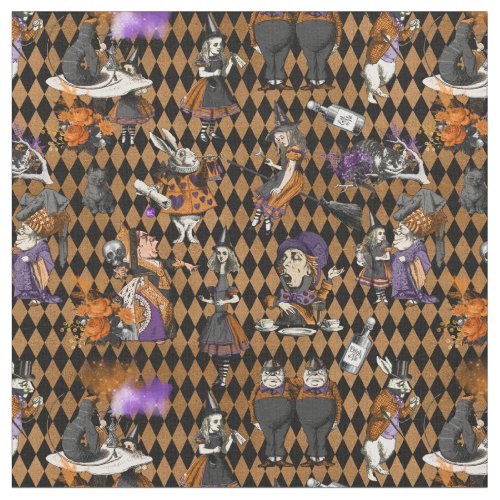 Alice in Wonderland on OrangeBlack Harlequin Fabric