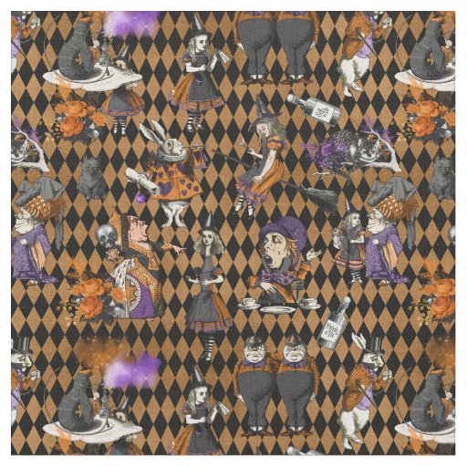 Alice in Wonderland on Orange/Black Harlequin Fabric