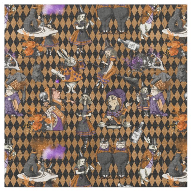 Alice in Wonderland on Orange/Black Harlequin Fabric (Close Up)