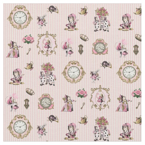 Alice in Wonderland on Pastel Pink/White Striped Fabric