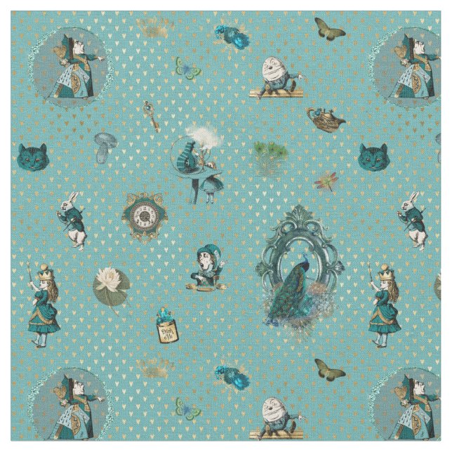 Alice in Wonderland on Peacock Fantasy Theme  Fabric (Close Up)
