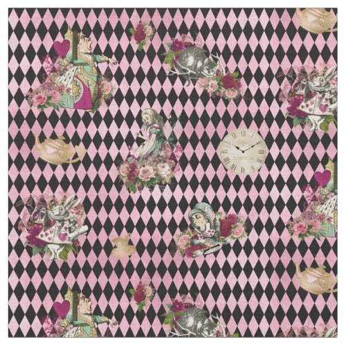 Alice in Wonderland on Pink and Black Harlequin Fabric