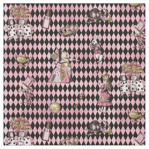 Alice in Wonderland on pink and black harlequin Fabric