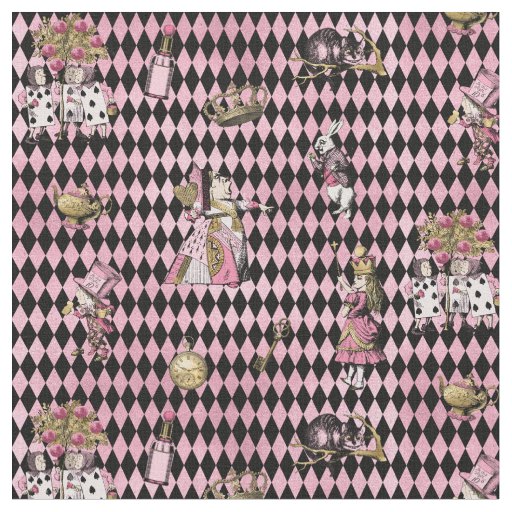Alice in Wonderland on pink and black harlequin Fabric