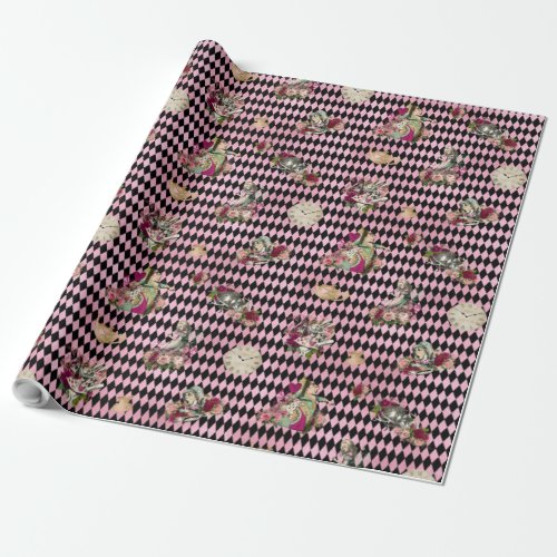 Alice in Wonderland on Pink and Black Harlequin Wrapping Paper