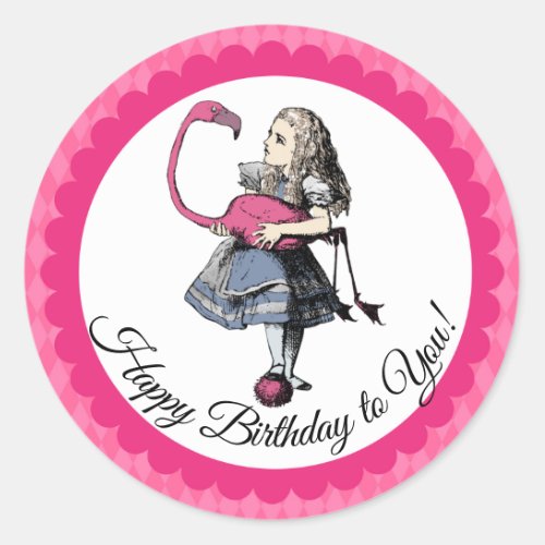 Alice in Wonderland on Pink Harlequin and Border Classic Round Sticker