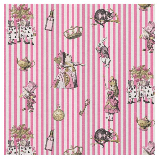 Alice in Wonderland on sweet pink/white striped Fabric