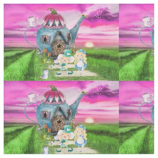 Alice in Wonderland on Tea pot Background Fabric