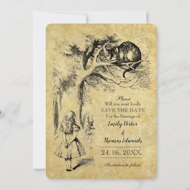 Alice in wonderland on vintage paper Wedding Save The Date (Back)