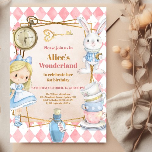  Alice in Wonderland One_derland 1st Birthday Invitation