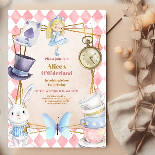 Alice in Wonderland One_derland 1st Birthday Invitation
