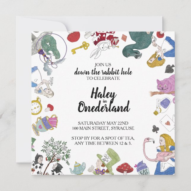 Alice In Wonderland Party Invitation | Hand Drawn (Front)