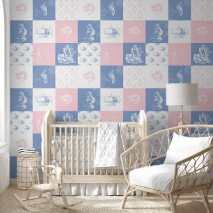Alice in Wonderland Patchwork Blue Pink Wallpaper