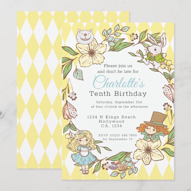 Alice in Wonderland Personalized Party Invitation (Front/Back)