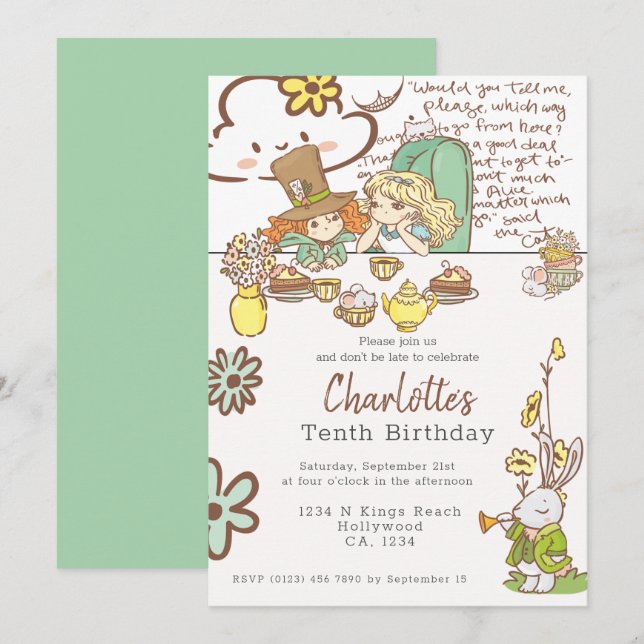 Alice in Wonderland Personalized Party Invitation (Front/Back)
