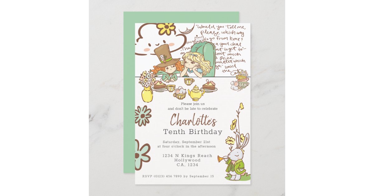 Alice in Wonderland Inspired Birthday Party Invitation, Personalized