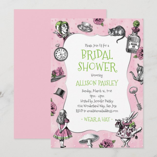 Alice in Wonderland Pink and Green Bridal Shower Invitation (Front/Back)