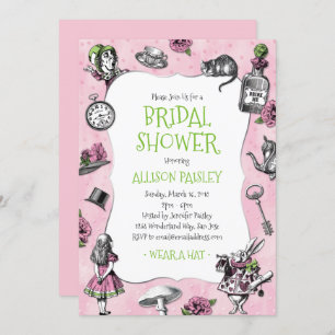 Alice in Wonderland Pink and Green Bridal Shower Invitation