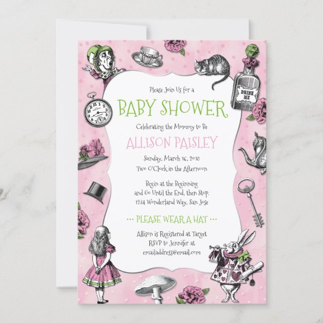 Alice in Wonderland Pink Baby Shower Invitation (Front)