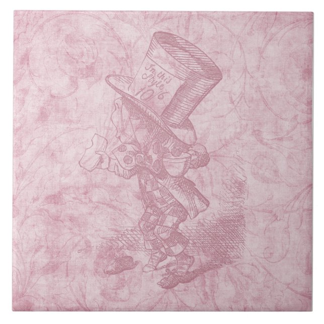 Alice in Wonderland Pink Floral Art Mad Hatter Ceramic Tile (Front)